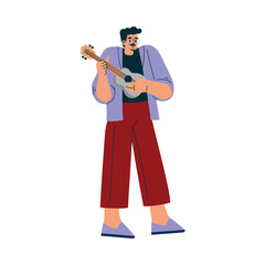 Fototapeta premium Young Smiling Man Character Standing and Play Ukulele Vector Illustration