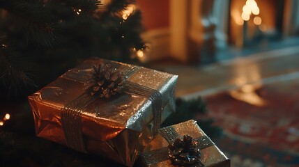 Christmas Gifts Wrapped In Shiny Paper Under Tree 