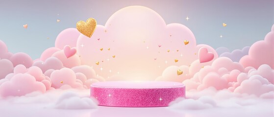Pink romantic podium with airy clouds background with hearts and glitter elements for product display, Valentine's Day festive design or wedding presentations