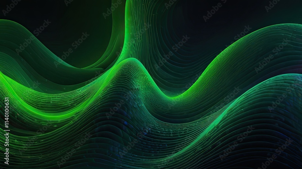 Poster intricate green wave patterns flow smoothly across a dark backdrop creating a mesmerizing visual imp