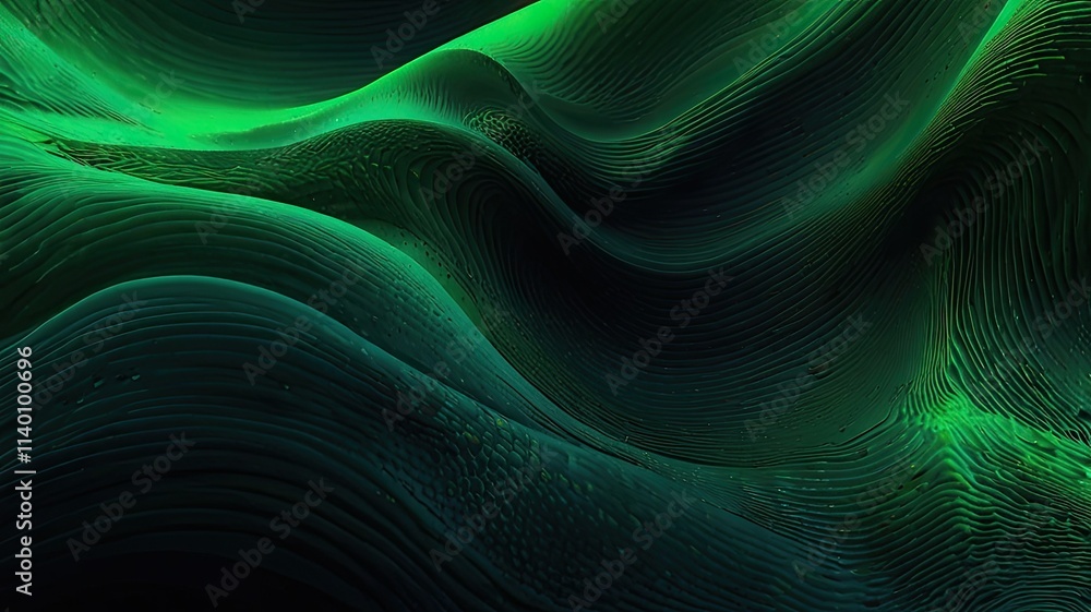 Poster curved flowing shapes in various shades of green ripple across a dark background showcasing a dynami