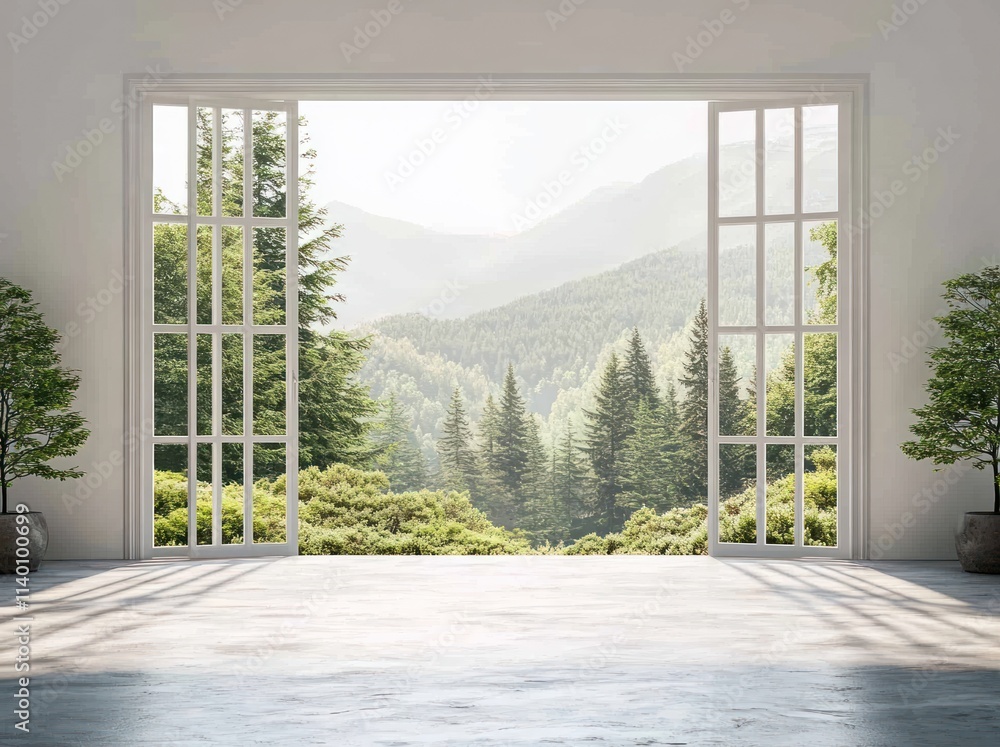 Poster a serene view of a forest landscape through open windows, inviting nature indoors.