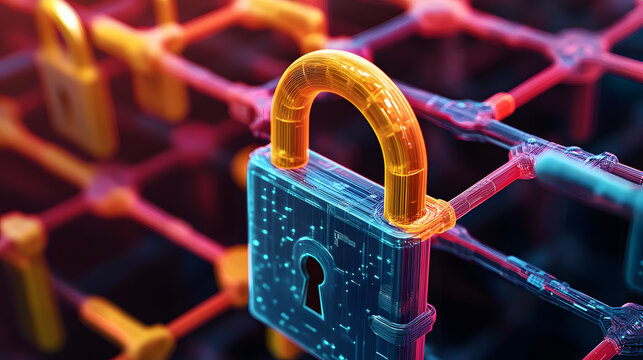fondo abstracto de un candado virtual entre redes y conexiones de internet.Concepto seguridad y tecnologia