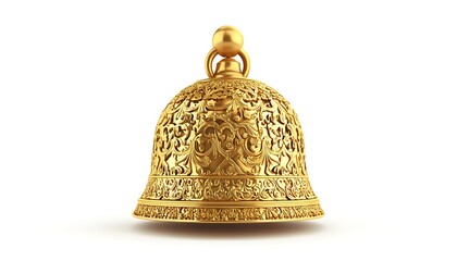 A detailed golden bell featuring intricate designs, often used in ceremonies or decor.
