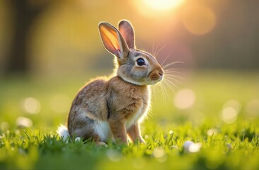 Fototapeta premium Rabbit sitting on green grass with sunlight