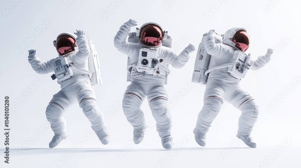 Aufkleber three astronauts in white suits joyfully floating in a zero-gravity environment.