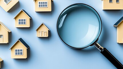 Magnifying glass highlights house icons on a grey background, representing a focused approach to real estate searches and opportunities available