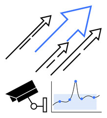 Arrows soar upwards security camera watches graph charts progress. Ideal for themes of growth, monitoring, data analysis, security, surveillance, progress, strategy. Line metaphor