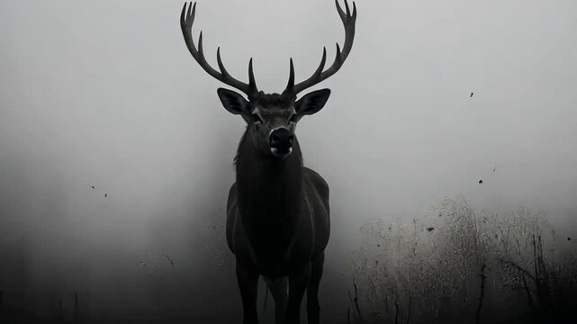 Majestic deer stands still in a foggy forest at dawn