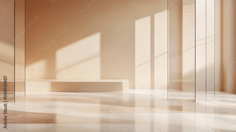 Poster a serene interior space with soft lighting and minimalistic design elements.