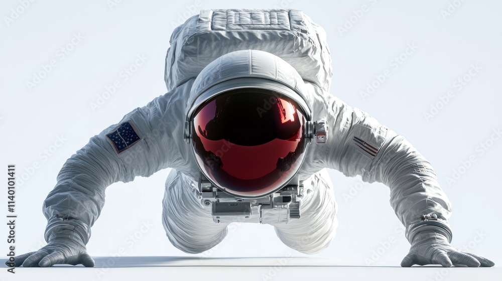 Aufkleber an astronaut in a space suit, positioned in a push-up stance against a light background.