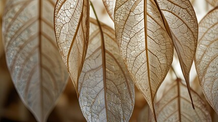 Transparent skeleton leaves hang gracefully catching soft light and revealing exquisite patterns and textures in a serene inviting environment