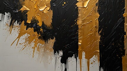 Layers of black and gold paint create a striking abstract composition emphasizing texture and depth...