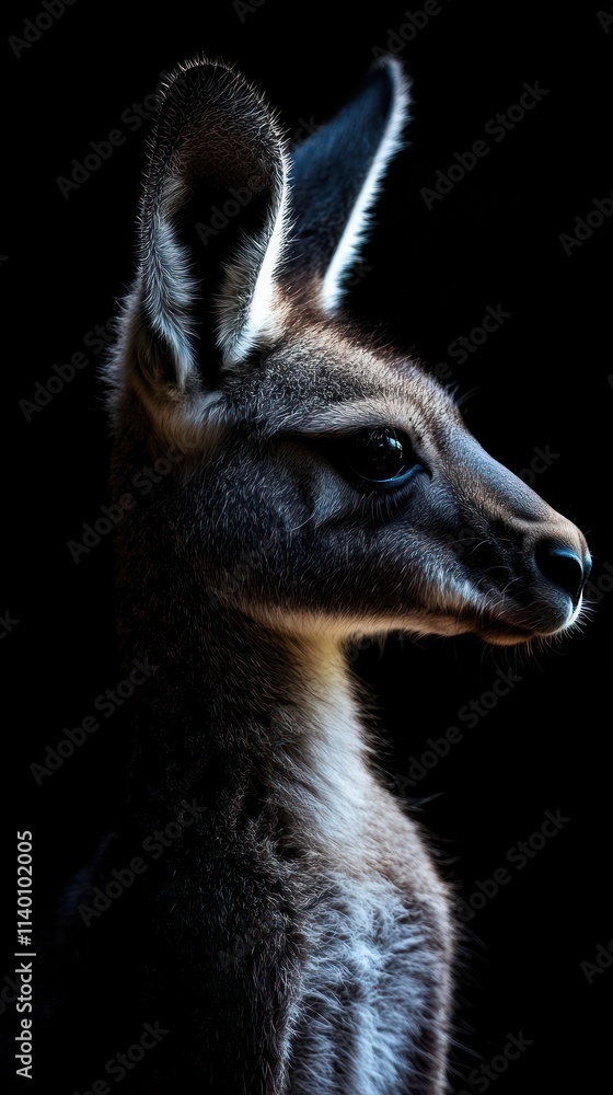 Poster a close-up profile of a kangaroo against a dark background, highlighting its features.