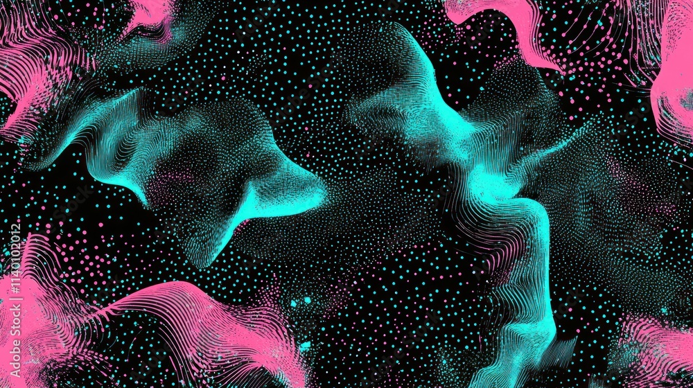 Poster abstract digital art featuring vibrant colors and fluid shapes on a dark background.