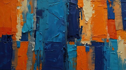 The artwork displays dynamic blue and orange brush strokes layered with texture highlighting vibrant colors and an abstract design that captivates viewers