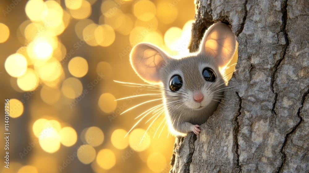 Poster A cute cartoon mouse peeks out from a tree with a bokeh background.
