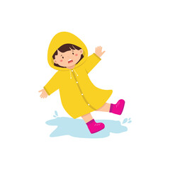 Child in Yellow Raincoat Slipping on Puddle