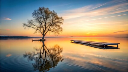 Serene Sunset Landscape Solitary Tree and Calm Waters at Dawn