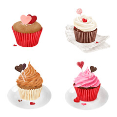 Cupcakes with cream cap and heart decoration in a set. Watercolor digital illustration. Delicious pastries, cakes on plates and on a napkin, isolated on a background. For a wedding, Valentine's Day