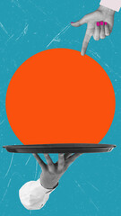 Art collage, the hand with a tray in an orange circle and on a blue background with space for...