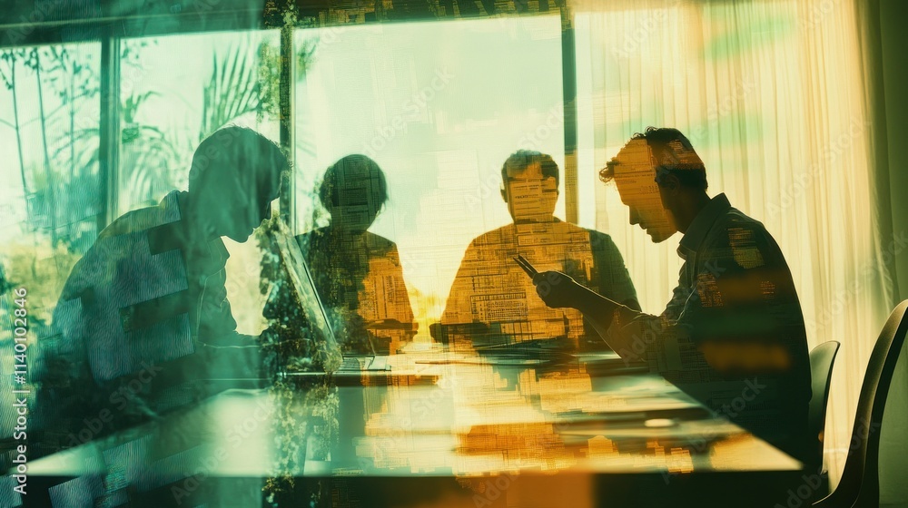 Aufkleber a business meeting with silhouettes discussing ideas against a backdrop of greenery.