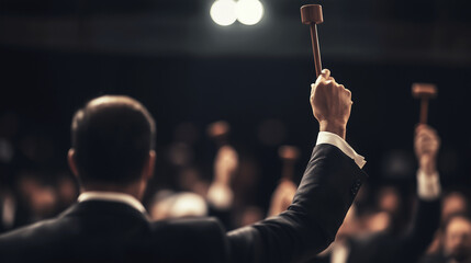 Fototapeta premium Auction house filled with enthusiastic bidders raising paddles in competitive bidding environment, showcasing the excitement and dynamics of auction culture
