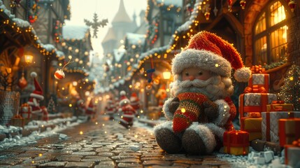 A festive street scene with a plush Santa doll, snow, and holiday decorations.