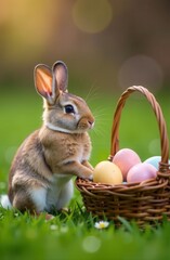 A cute bunny sits next to a basket full of colorful Easter eggs against a soft, blurry background of grass and sunlight. Perfect for spring themed designs and holidays.