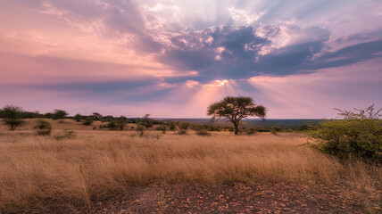 Serene African savannah landscape at sunset with golden grass and a lone tree  

