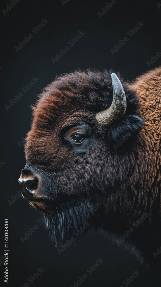 Poster close-up portrait of a bison against a dark background.