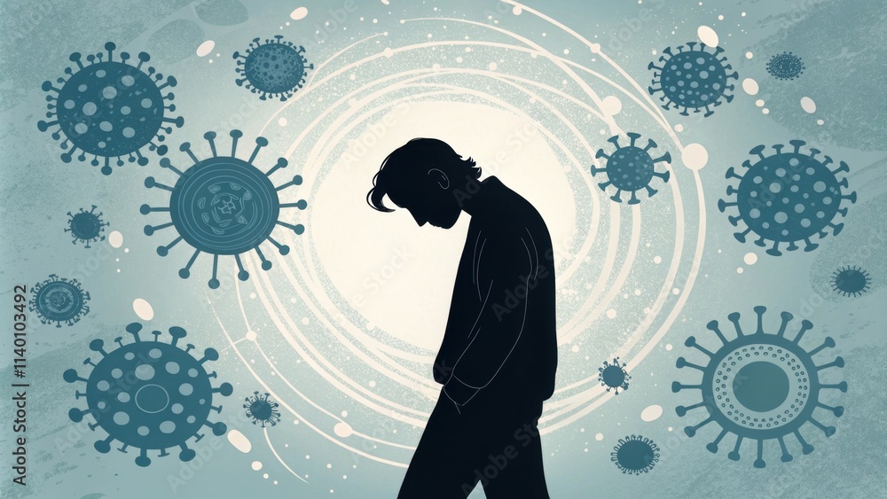 Poster a silhouette of a person appears contemplative against a backdrop of swirling patterns and virus-lik