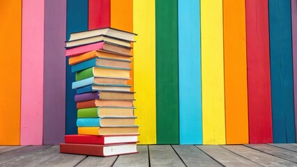 Stack of colorful books forming a tower on a wooden surface with a vibrant rainbow colored wooden...