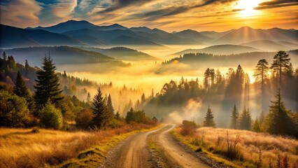 Obraz premium Serene Sunrise Over Misty Mountain Range with Winding Road