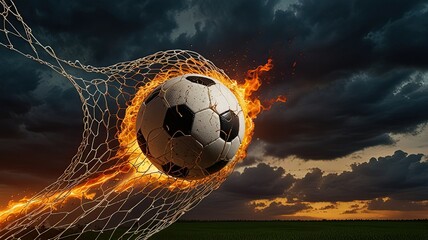 A soccer ball ignites as it passes through the net surrounded by flames set against a stunning sunset and dark clouds creating an intense sports moment