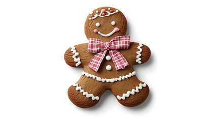 Obraz premium A decorated gingerbread man cookie with icing and a bow, symbolizing festive treats.