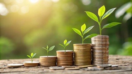 A stack of coins with growing green plants symbolizes financial growth and sustainability.