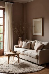 Sofa, pillows and window against beige neutral wall