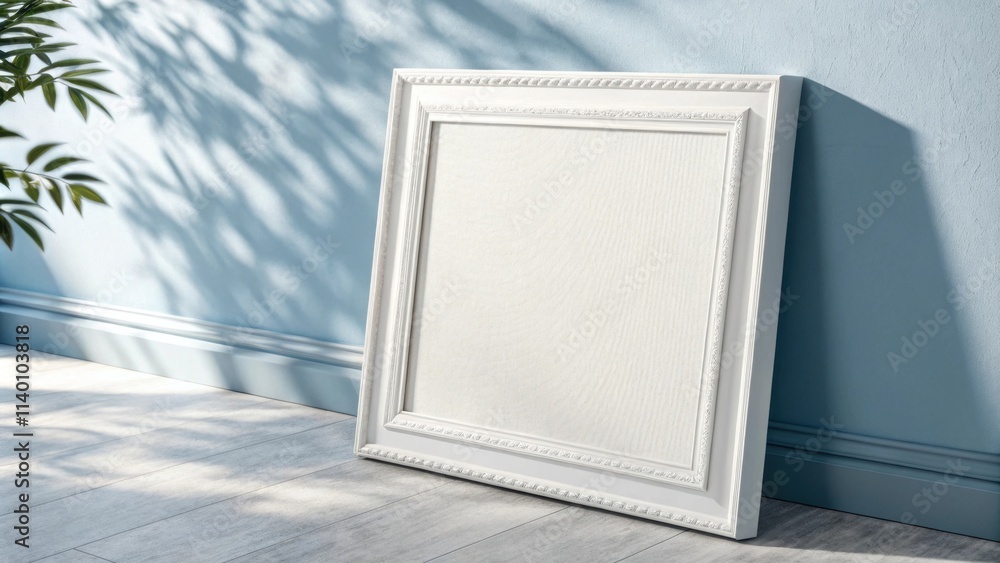 Poster a blank picture frame rests against a wall, illuminated by soft sunlight, creating a serene and mini