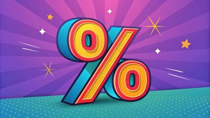 A vibrant graphic featuring a large, colorful percent symbol against a playful, starry background.