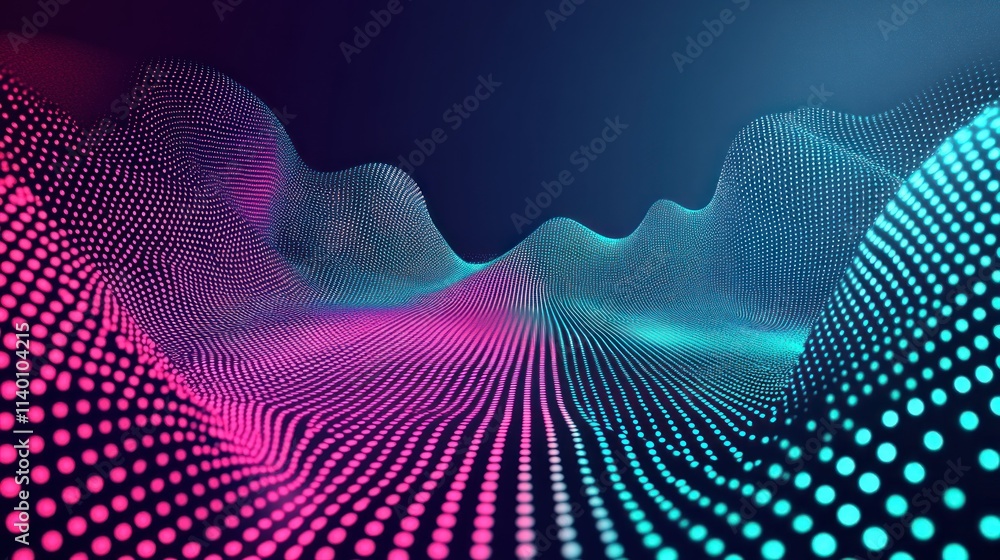 Poster Abstract digital landscape with vibrant dots and waves, representing data or sound visualization.