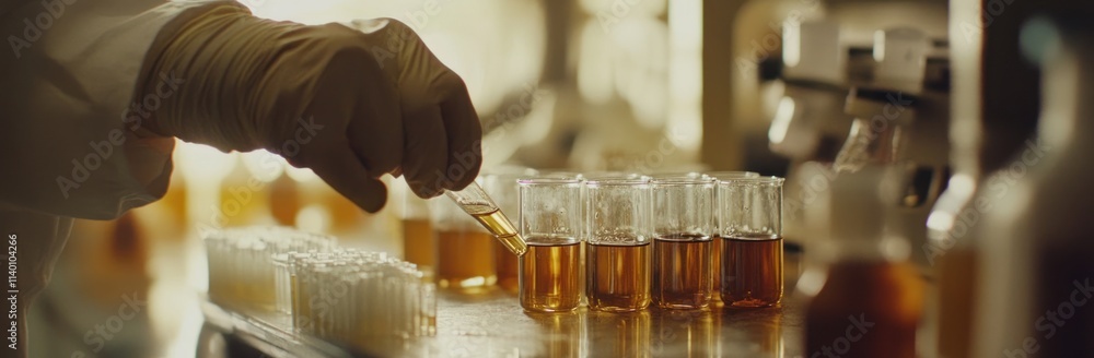 Poster a laboratory scene showing a hand pouring liquid into test tubes for scientific analysis.