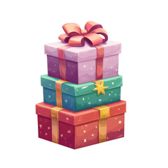 Colorful stacked gift boxes with decorative ribbons displayed