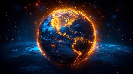 Glowing Digital Earth Interface with Flowing Data Streams Around Continents