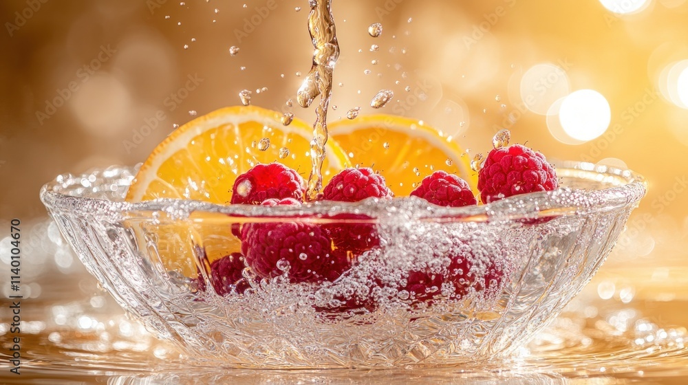 Poster fresh fruits splashing in water, creating a vibrant and refreshing scene.