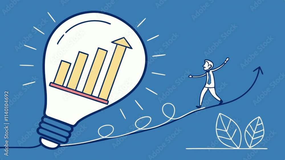 Poster a person balances on a line while walking towards a light bulb, symbolizing growth and innovation wi