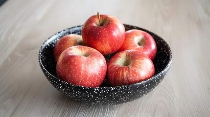 Red apples on a black speckled ceramic bowl placed on a white background