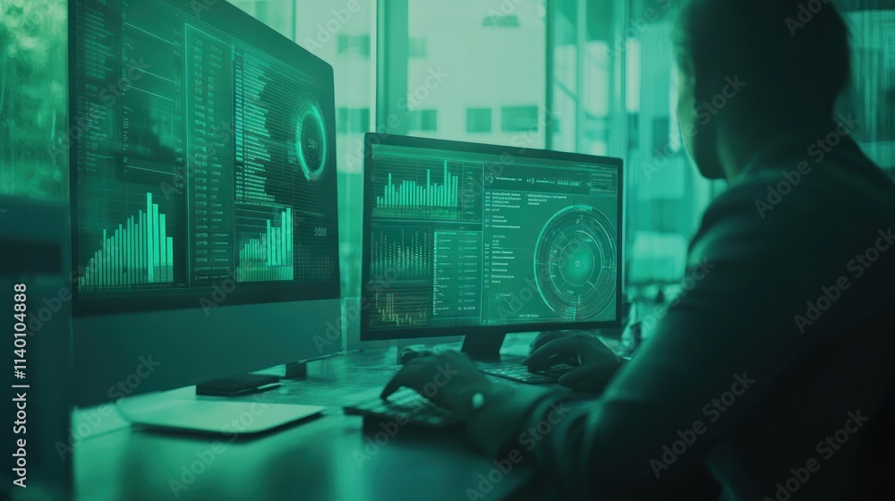 Aufkleber A person analyzing data on multiple screens in a modern workspace.
