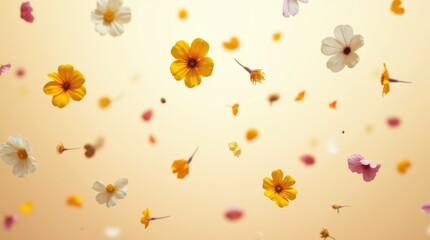Obraz premium Falling Edible Flowers on Cream Background