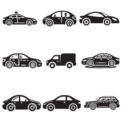 Car silhouette on white background. Vehicle icons set view from side, front, back, and top